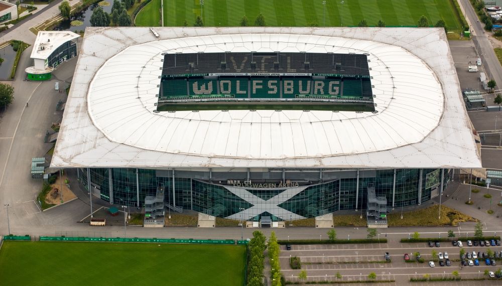 Aerial photograph Wolfsburg - Sports facility grounds of the Arena stadium in Wolfsburg in the state Lower Saxony