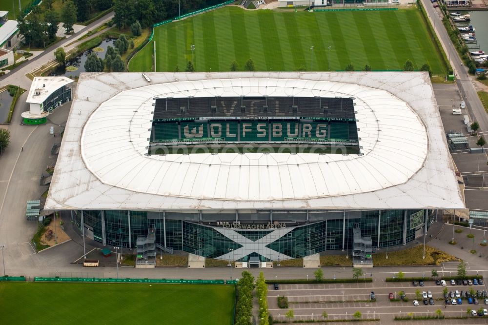 Wolfsburg from above - Sports facility grounds of the Arena stadium in Wolfsburg in the state Lower Saxony