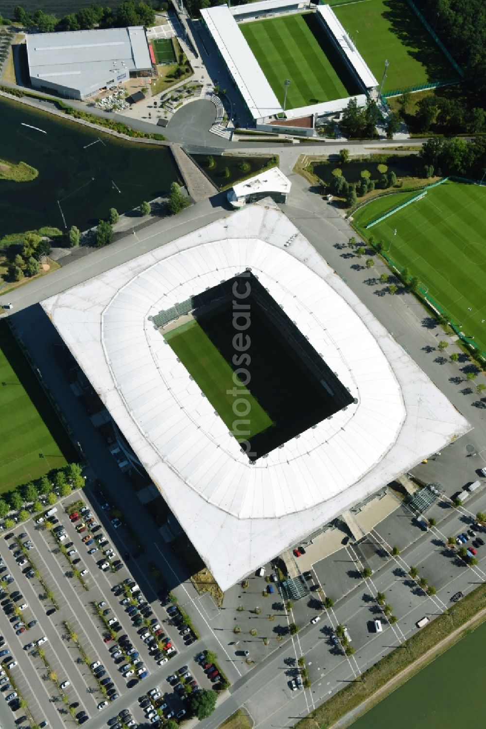 Wolfsburg from above - Sports facility grounds of the Arena stadium in Wolfsburg in the state Lower Saxony