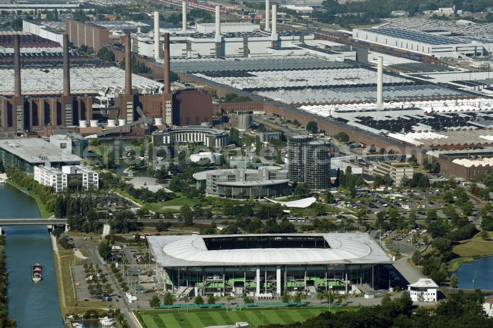 Aerial image Wolfsburg - Sports facility grounds of the Arena stadium in Wolfsburg in the state Lower Saxony