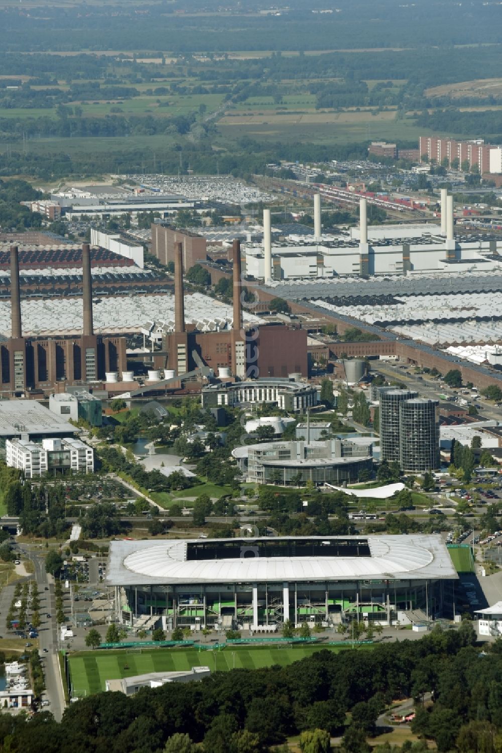 Aerial image Wolfsburg - Sports facility grounds of the Arena stadium in Wolfsburg in the state Lower Saxony