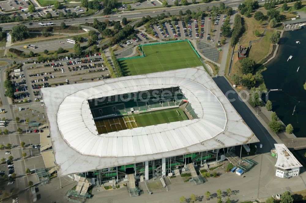 Aerial image Wolfsburg - Sports facility grounds of the Arena stadium in Wolfsburg in the state Lower Saxony