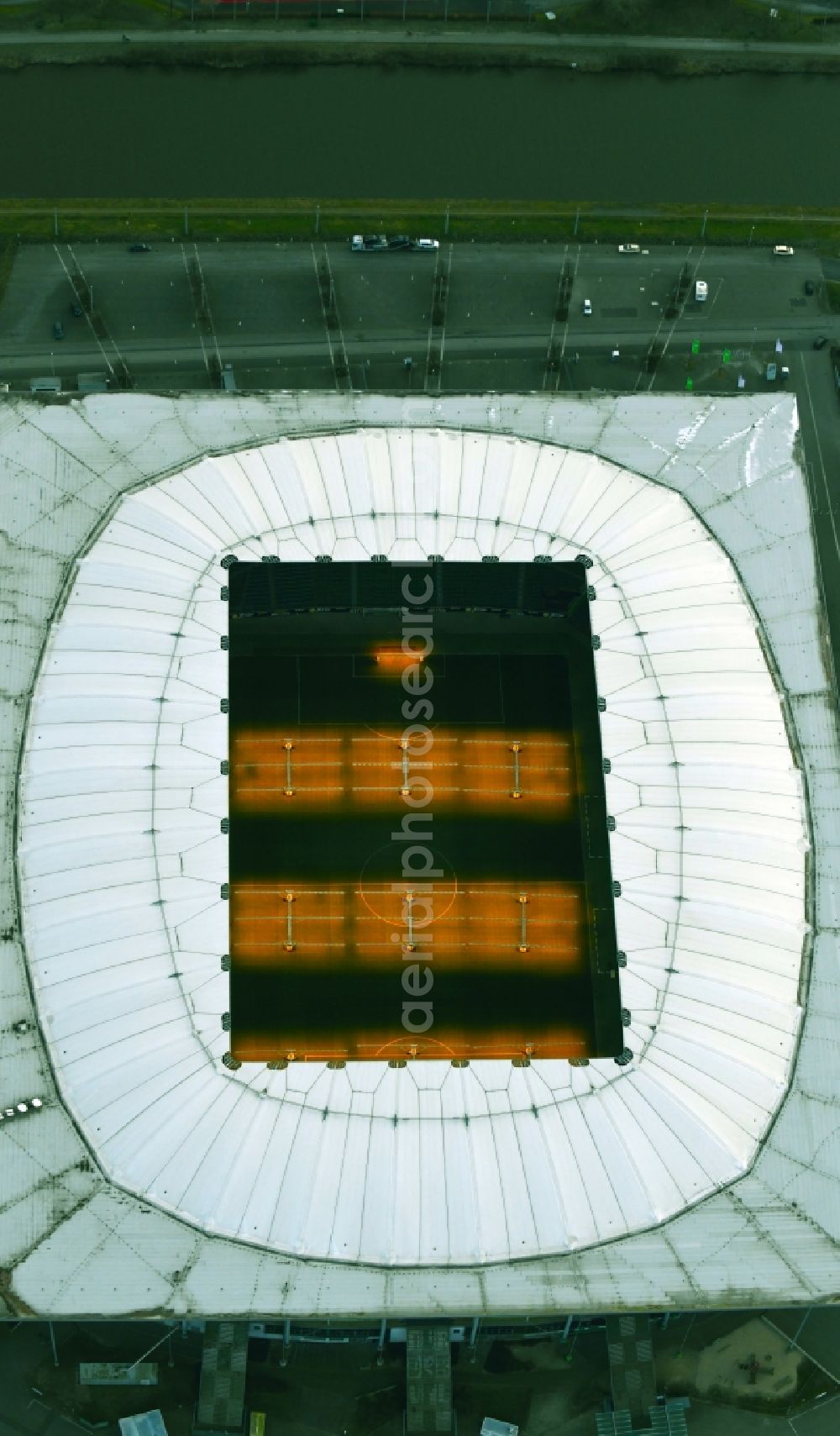 Wolfsburg from above - Sports facility grounds of the Arena stadium in Wolfsburg in the state Lower Saxony