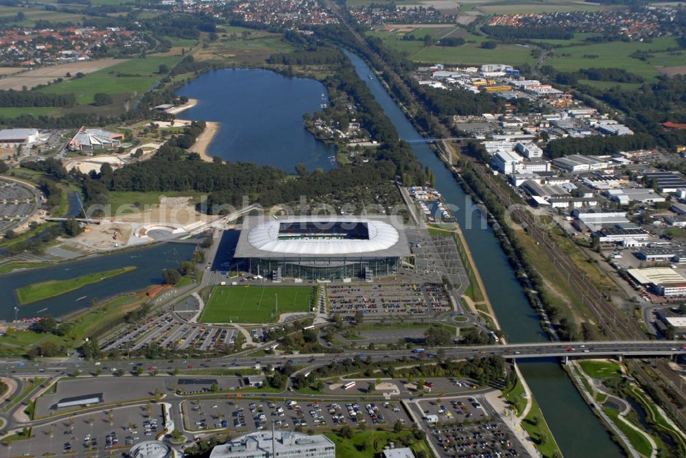 Wolfsburg from above - Sports facility grounds of the Arena stadium in Wolfsburg in the state Lower Saxony