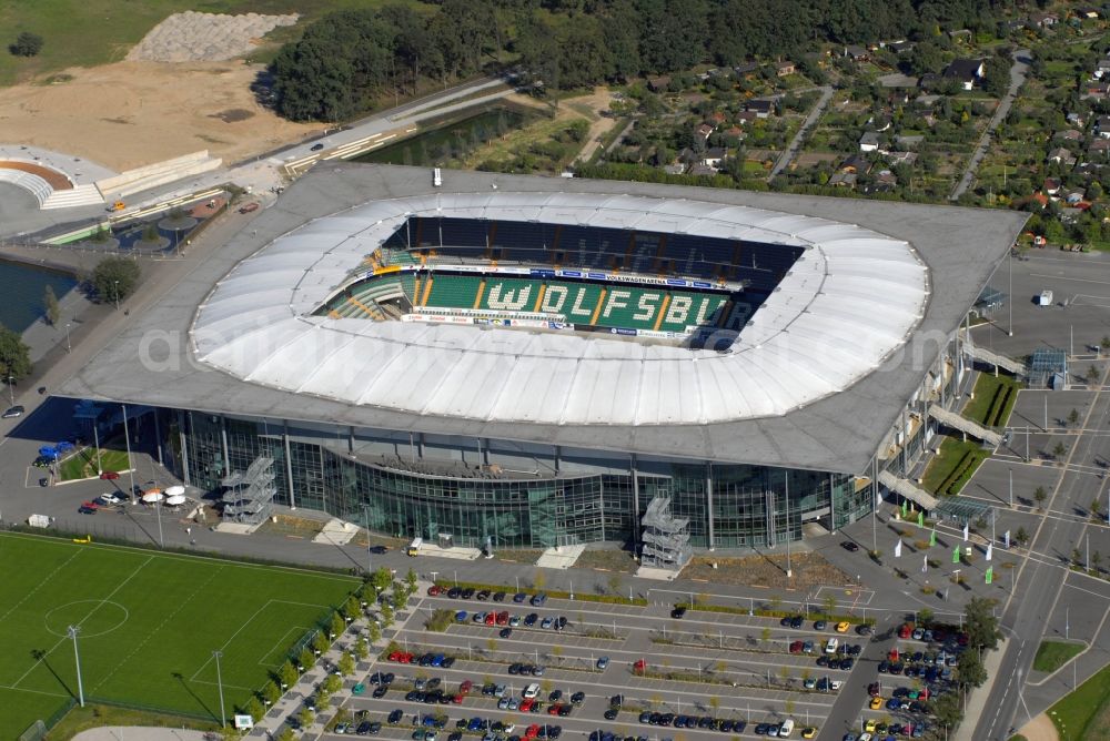 Aerial image Wolfsburg - Sports facility grounds of the Arena stadium in Wolfsburg in the state Lower Saxony