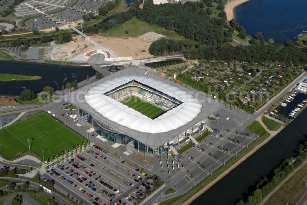 Aerial photograph Wolfsburg - Sports facility grounds of the Arena stadium in Wolfsburg in the state Lower Saxony