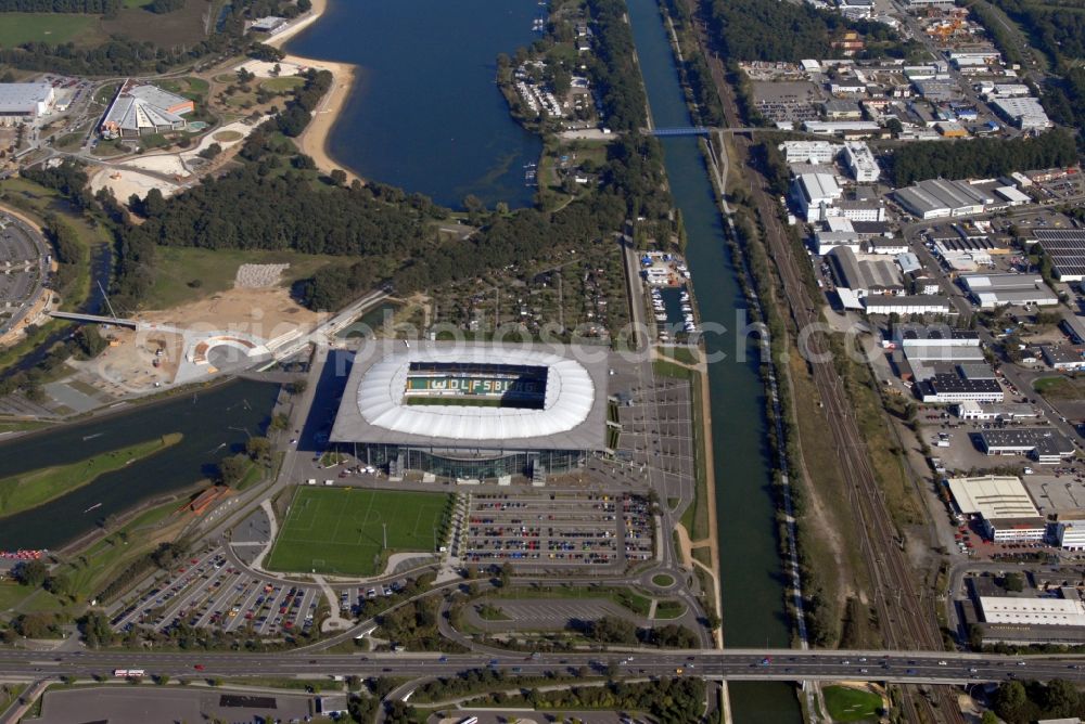 Aerial image Wolfsburg - Sports facility grounds of the Arena stadium in Wolfsburg in the state Lower Saxony