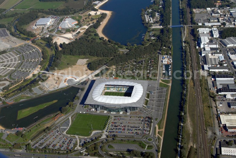 Aerial photograph Wolfsburg - Sports facility grounds of the Arena stadium in Wolfsburg in the state Lower Saxony