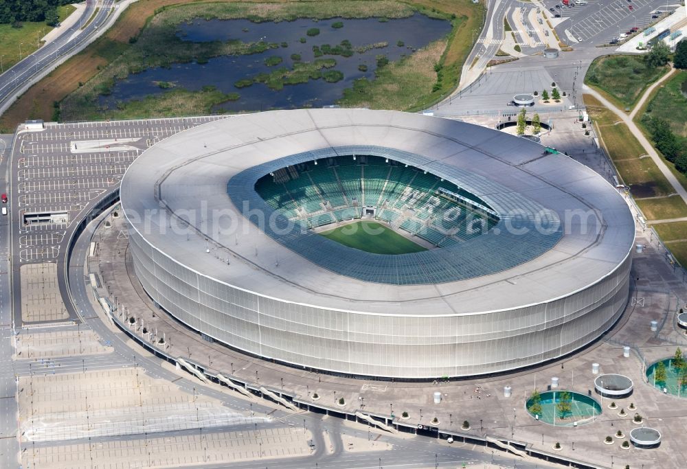 Aerial image Wroclaw Breslau - Sports facility grounds of the Arena stadium on aleja Slaska in Wroclaw Breslau in Lower Silesia, Poland