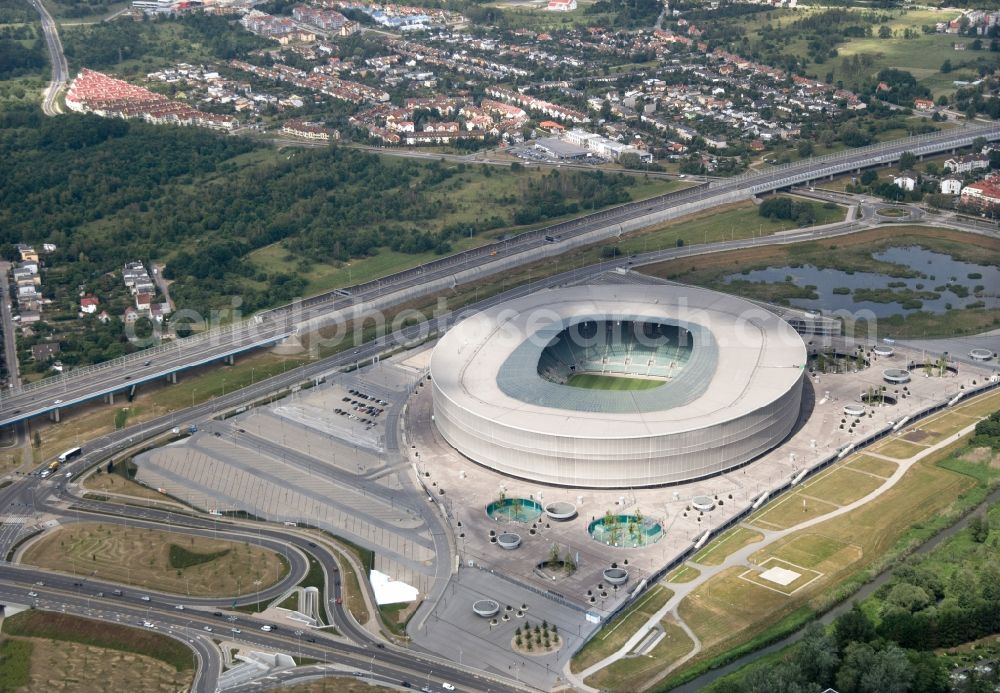 Aerial photograph Wroclaw Breslau - Sports facility grounds of the Arena stadium on aleja Slaska in Wroclaw Breslau in Lower Silesia, Poland