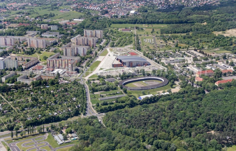 Szczecin from above - Sports facility grounds of the Arena stadium ZespA?A? ObiektA?w Sportowych Tor Kolarski in ZbysA?awa ZajAe?ca Tor Kolarski in. ZbysA?awa ZajAe?ca in Szczecin Stettin, in West Pomerania, Poland