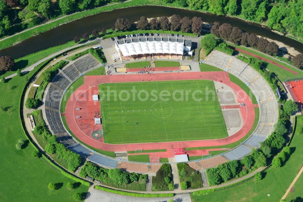 Gera from the bird's eye view: Sports facility grounds of the Arena stadium Stadium der Freundschaft in Gera in the state Thuringia