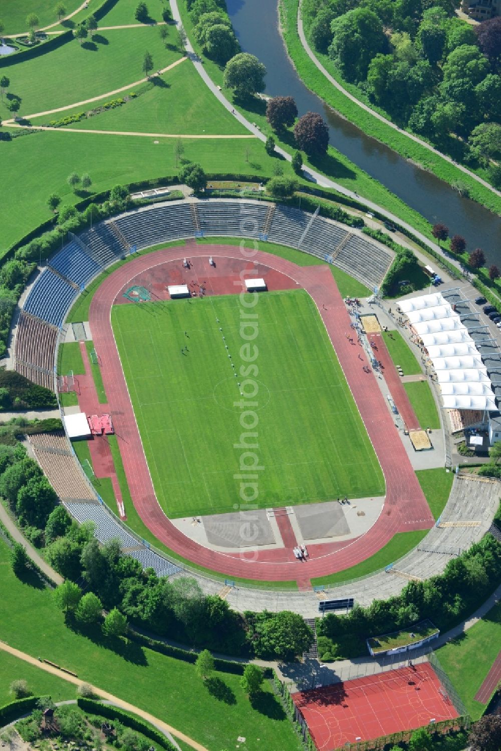 Gera from above - Sports facility grounds of the Arena stadium Stadium der Freundschaft in Gera in the state Thuringia