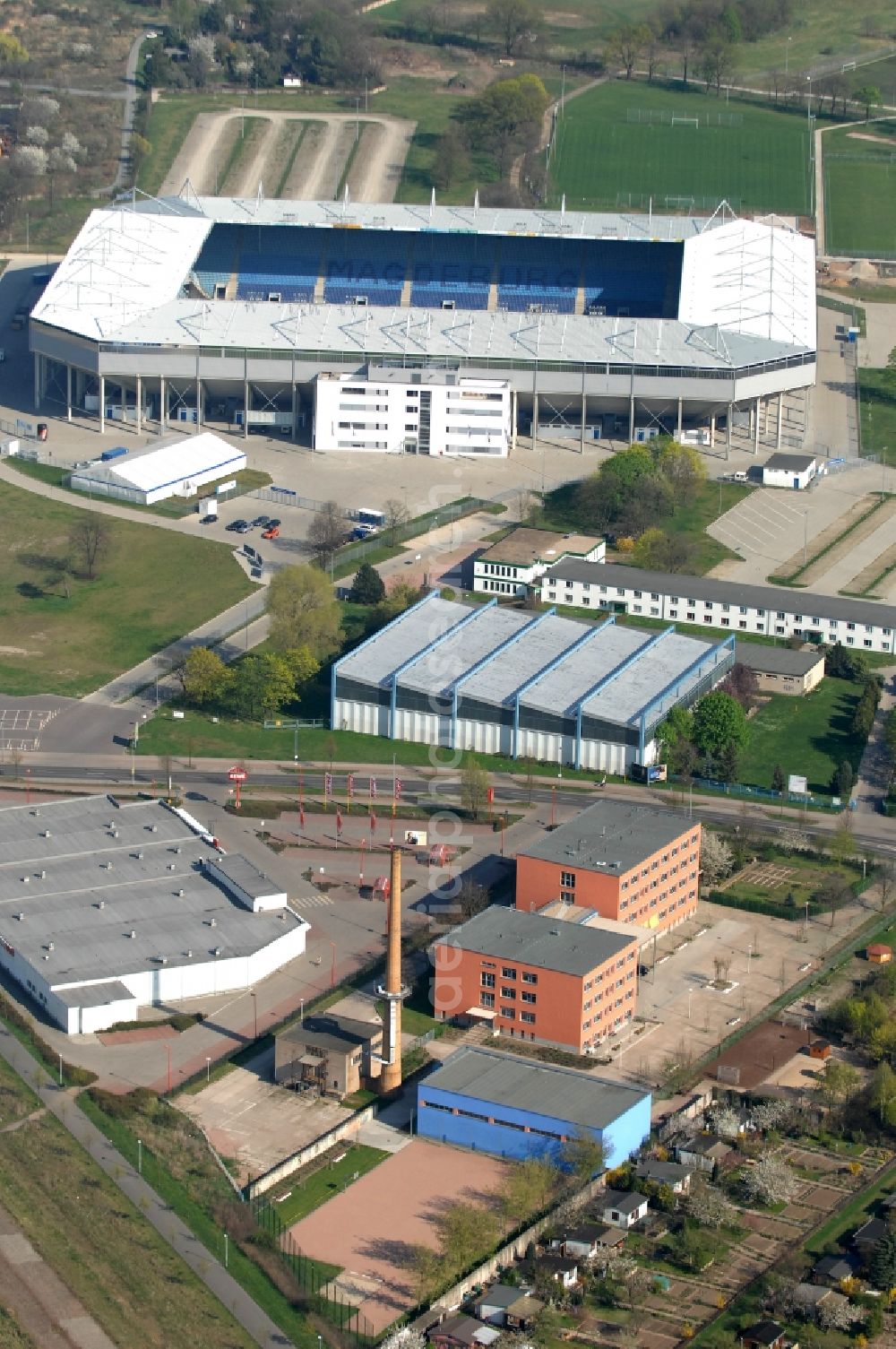 Magdeburg from the bird's eye view: Sports facility grounds of the MDCC Arena stadium in Magdeburg in the state Saxony-Anhalt