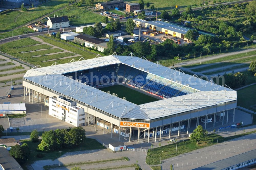 Magdeburg from the bird's eye view: Sports facility grounds of the MDCC Arena stadium in Magdeburg in the state Saxony-Anhalt