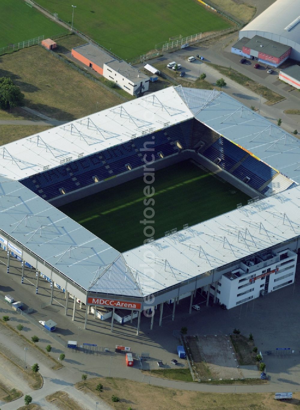 Magdeburg from the bird's eye view: Sports facility grounds of the MDCC Arena stadium in Magdeburg in the state Saxony-Anhalt