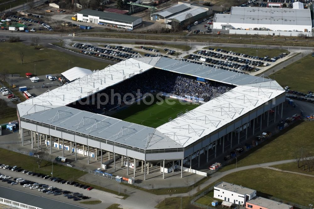 Magdeburg from the bird's eye view: Sports facility grounds of the MDCC Arena stadium in Magdeburg in the state Saxony-Anhalt