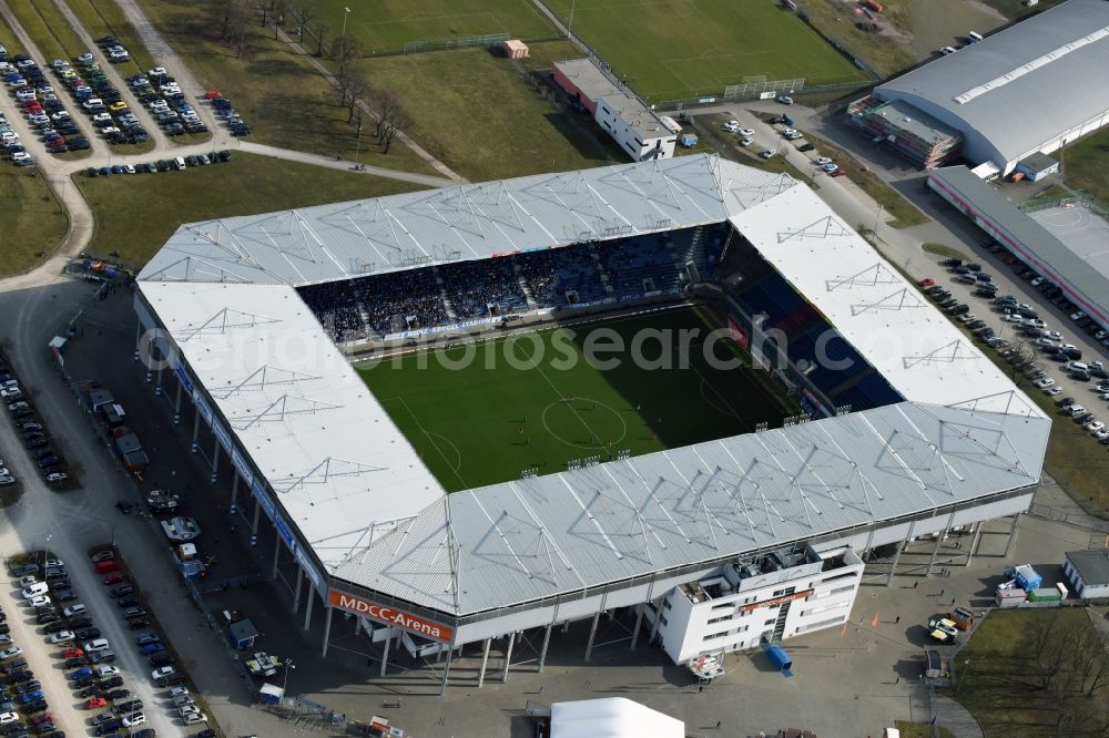 Magdeburg from the bird's eye view: Sports facility grounds of the MDCC Arena stadium in Magdeburg in the state Saxony-Anhalt