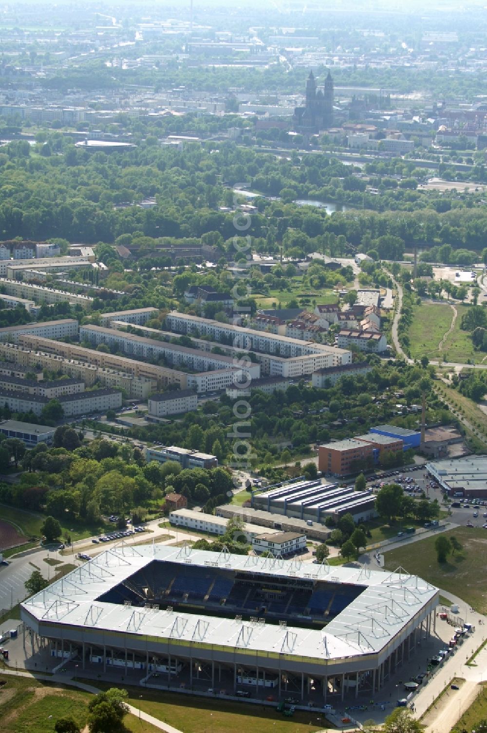 Magdeburg from the bird's eye view: Sports facility grounds of the MDCC Arena stadium in Magdeburg in the state Saxony-Anhalt