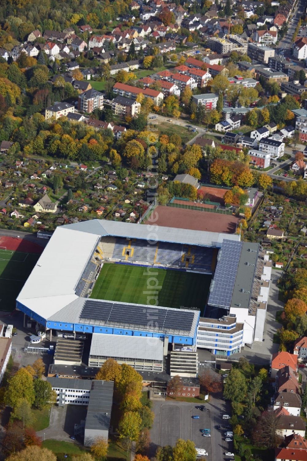 Aerial photograph Bielefeld - Sports facility grounds of the Arena stadium SchuecoArena on Melanchthonstrasse in Bielefeld in the state North Rhine-Westphalia, Germany