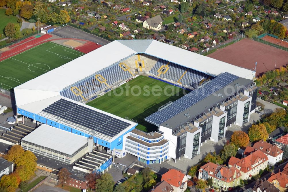 Bielefeld from above - Sports facility grounds of the Arena stadium SchuecoArena on Melanchthonstrasse in Bielefeld in the state North Rhine-Westphalia, Germany