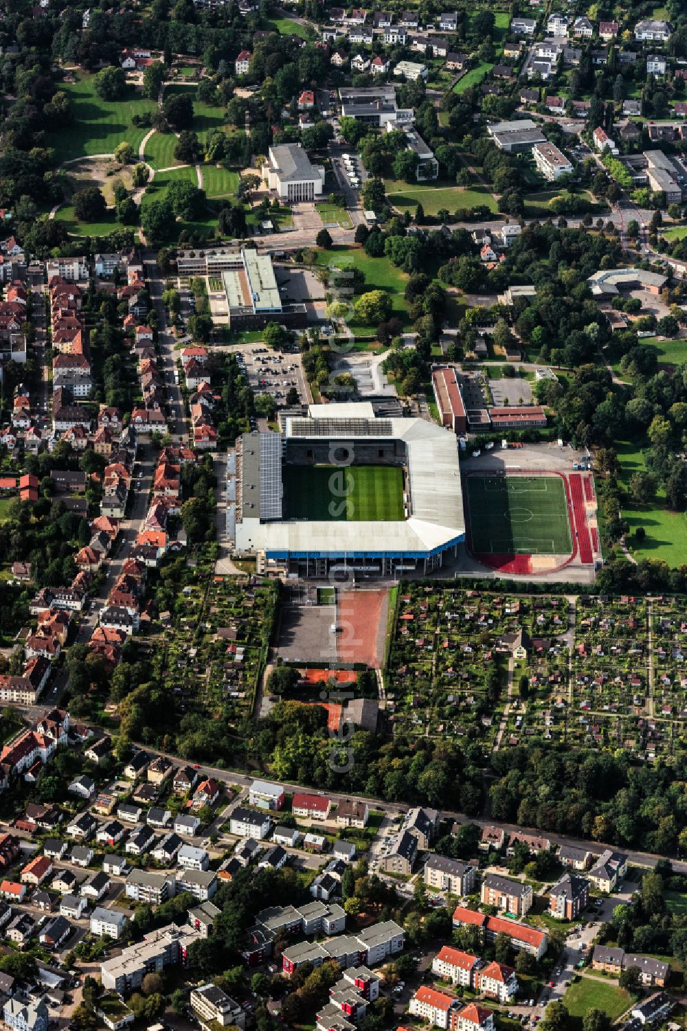 Aerial photograph Bielefeld - Sports facility grounds of the Arena stadium SchuecoArena on Melanchthonstrasse in Bielefeld in the state North Rhine-Westphalia, Germany