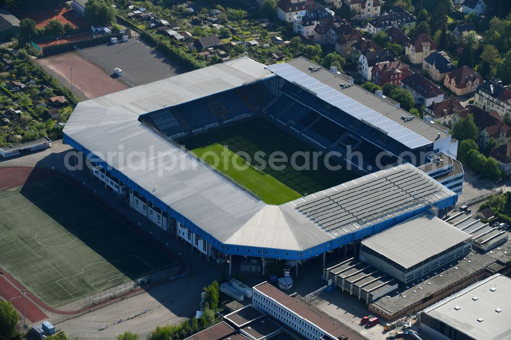 Bielefeld from above - Sports facility grounds of the Arena stadium SchuecoArena on Melanchthonstrasse in Bielefeld in the state North Rhine-Westphalia, Germany