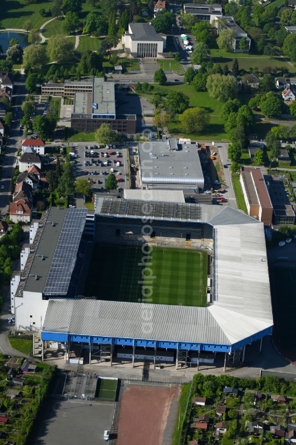 Bielefeld from above - Sports facility grounds of the Arena stadium SchuecoArena on Melanchthonstrasse in Bielefeld in the state North Rhine-Westphalia, Germany