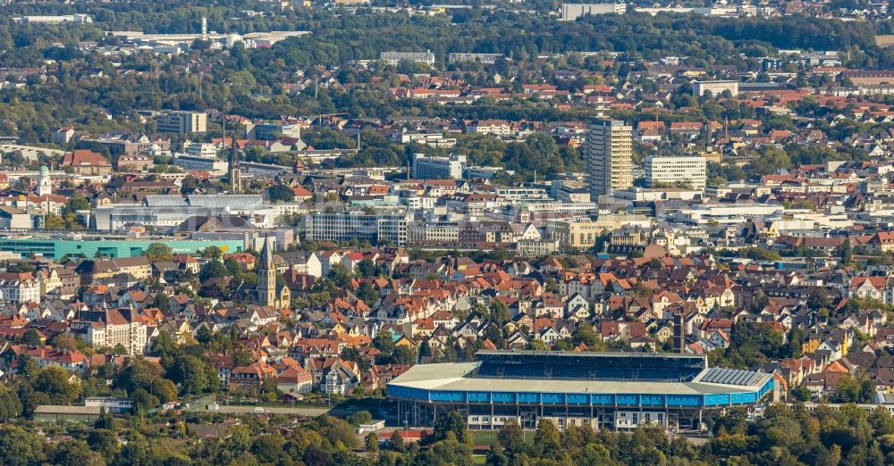 Aerial image Bielefeld - Sports facility grounds of the Arena stadium SchuecoArena on Melanchthonstrasse in Bielefeld in the state North Rhine-Westphalia, Germany