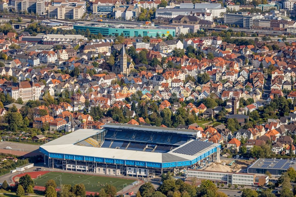 Bielefeld from the bird's eye view: Sports facility grounds of the Arena stadium SchuecoArena on Melanchthonstrasse in Bielefeld in the state North Rhine-Westphalia, Germany