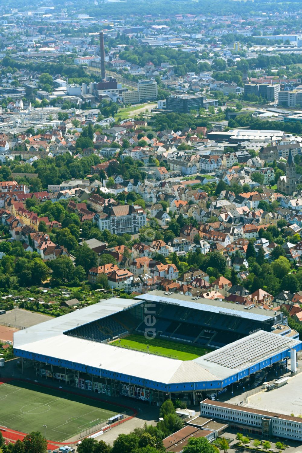 Aerial image Bielefeld - Sports facility grounds of the Arena stadium SchuecoArena on Melanchthonstrasse in Bielefeld in the state North Rhine-Westphalia, Germany