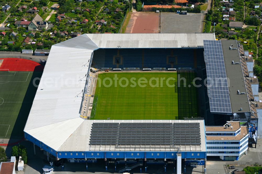 Bielefeld from above - Sports facility grounds of the Arena stadium SchuecoArena on Melanchthonstrasse in Bielefeld in the state North Rhine-Westphalia, Germany