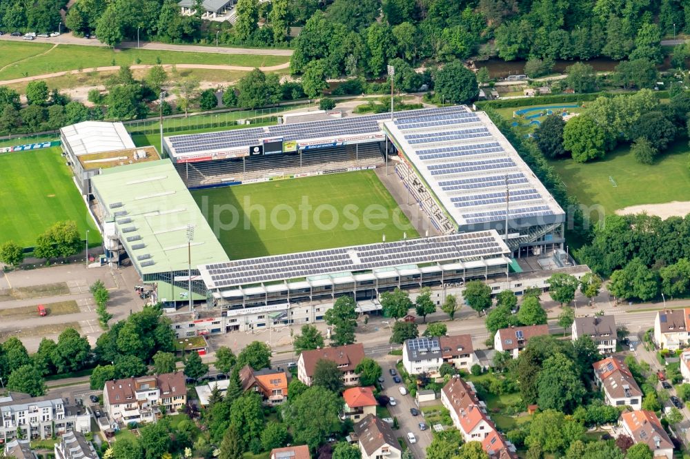 Freiburg im Breisgau from the bird's eye view: Sports facility grounds of stadium Dreisam Stadion SC Freiburg in Freiburg im Breisgau in the state Baden-Wuerttemberg, Germany