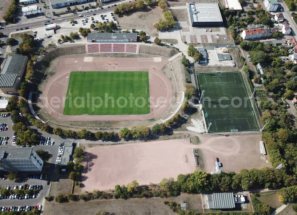 Halle (Saale) from the bird's eye view: Sports facility grounds of stadium ERDGAS Sportarena on Nietlebener Strasse in Halle (Saale) in the state Saxony-Anhalt, Germany