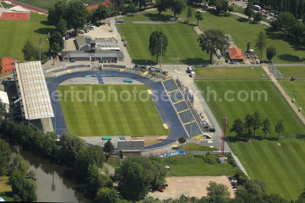 Aerial image Jena - Sports facility grounds of stadium Ernst-Abbe-Sportfeld in of Oberaue in Jena in the state Thuringia, Germany