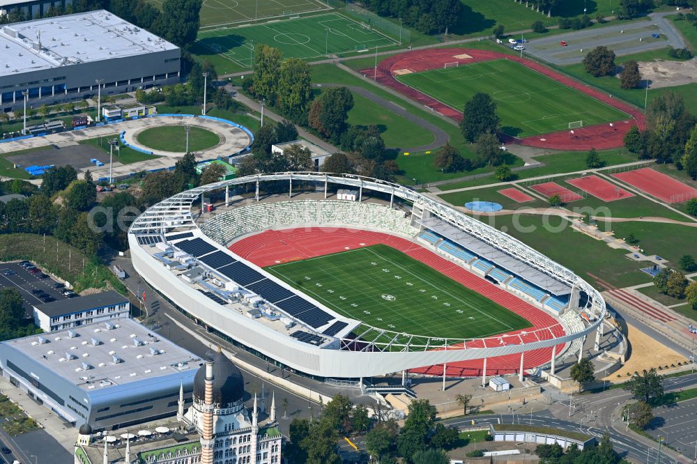 Aerial photograph Dresden - Sports facility area of the stadium Heinz-Steyer-Stadion on the street Pieschener Allee in the district of Friedrichstadt in Dresden in the federal state of Saxony, Germany