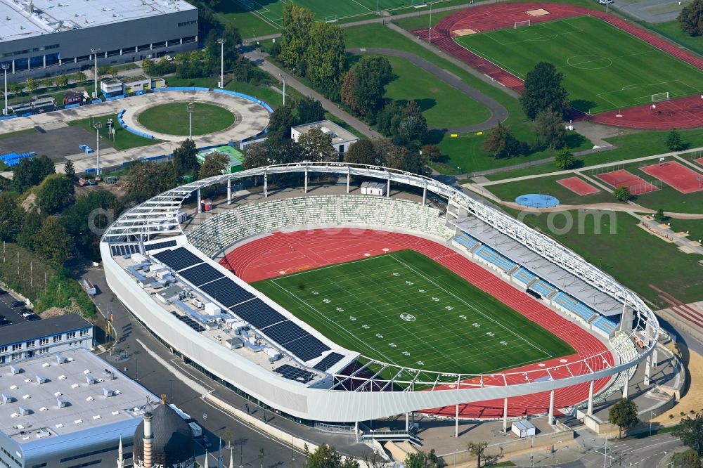 Dresden from above - Sports facility area of the stadium Heinz-Steyer-Stadion on the street Pieschener Allee in the district of Friedrichstadt in Dresden in the federal state of Saxony, Germany