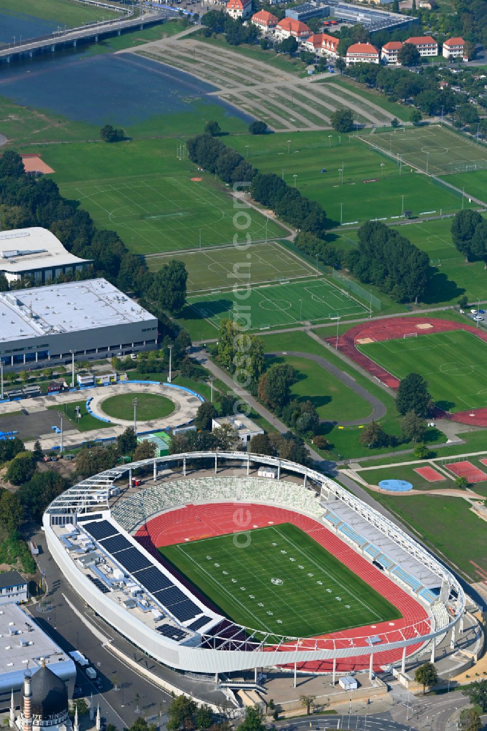 Dresden from the bird's eye view: Sports facility area of the stadium Heinz-Steyer-Stadion on the street Pieschener Allee in the district of Friedrichstadt in Dresden in the federal state of Saxony, Germany