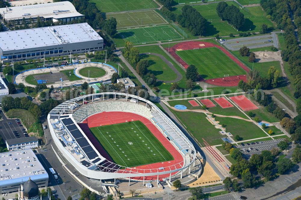 Aerial image Dresden - Sports facility area of the stadium Heinz-Steyer-Stadion on the street Pieschener Allee in the district of Friedrichstadt in Dresden in the federal state of Saxony, Germany