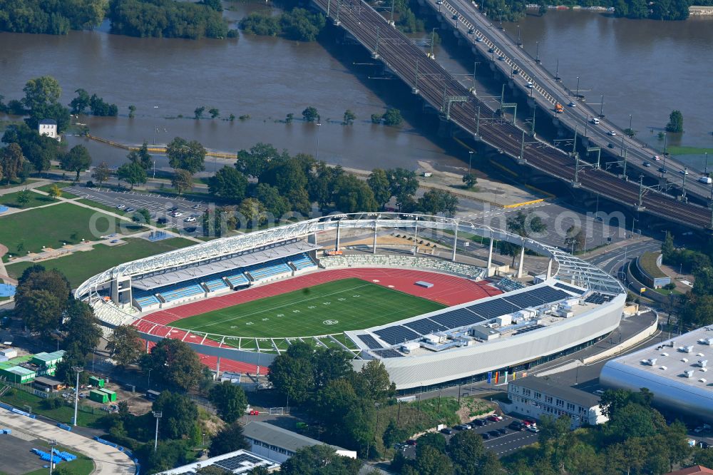 Aerial photograph Dresden - Sports facility area of the stadium Heinz-Steyer-Stadion on the street Pieschener Allee in the district of Friedrichstadt in Dresden in the federal state of Saxony, Germany