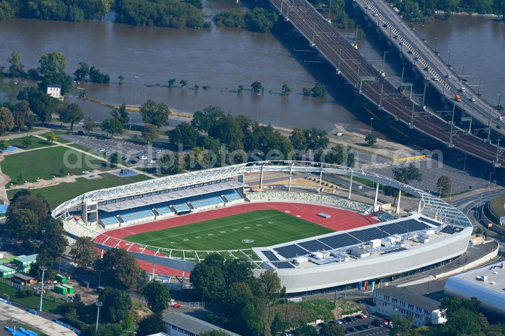 Dresden from above - Sports facility area of the stadium Heinz-Steyer-Stadion on the street Pieschener Allee in the district of Friedrichstadt in Dresden in the federal state of Saxony, Germany