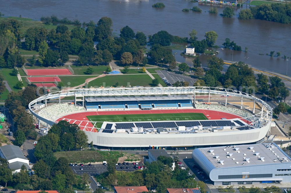 Dresden from the bird's eye view: Sports facility area of the stadium Heinz-Steyer-Stadion on the street Pieschener Allee in the district of Friedrichstadt in Dresden in the federal state of Saxony, Germany