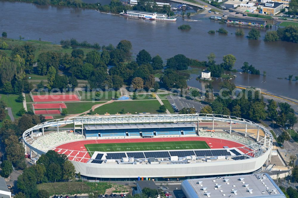 Aerial image Dresden - Sports facility area of the stadium Heinz-Steyer-Stadion on the street Pieschener Allee in the district of Friedrichstadt in Dresden in the federal state of Saxony, Germany