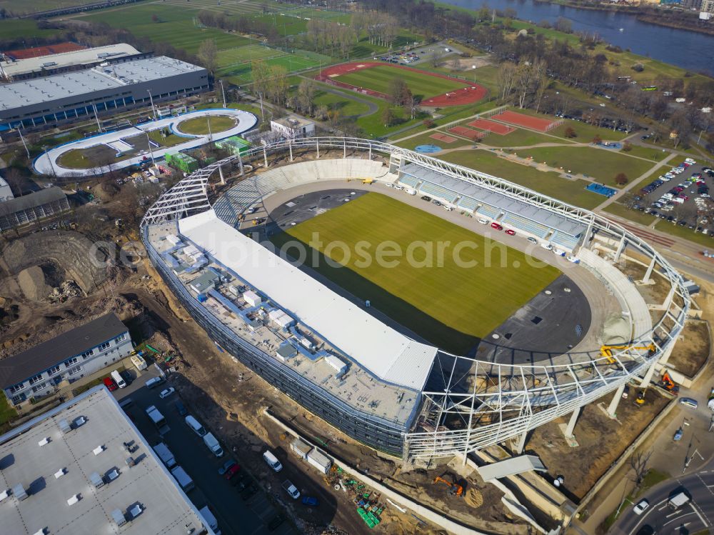 Aerial image Dresden - Sports facility area of the stadium Heinz-Steyer-Stadion on the street Pieschener Allee in the district of Friedrichstadt in Dresden in the federal state of Saxony, Germany