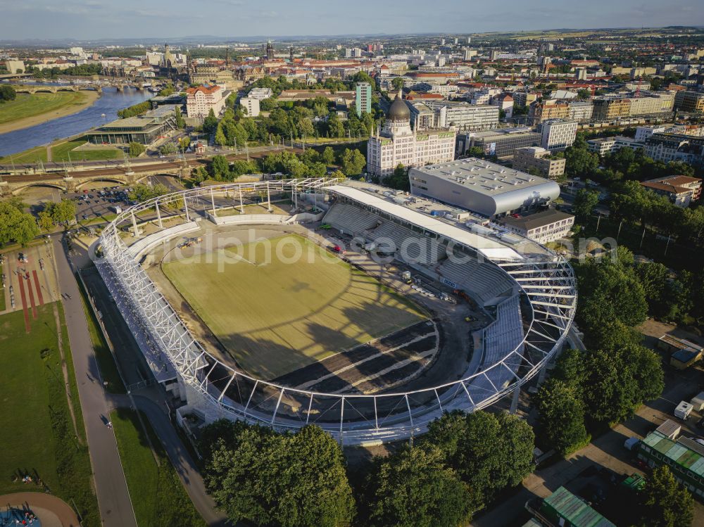 Aerial image Dresden - Sports facility area of the stadium Heinz-Steyer-Stadion on the street Pieschener Allee in the district of Friedrichstadt in Dresden in the federal state of Saxony, Germany