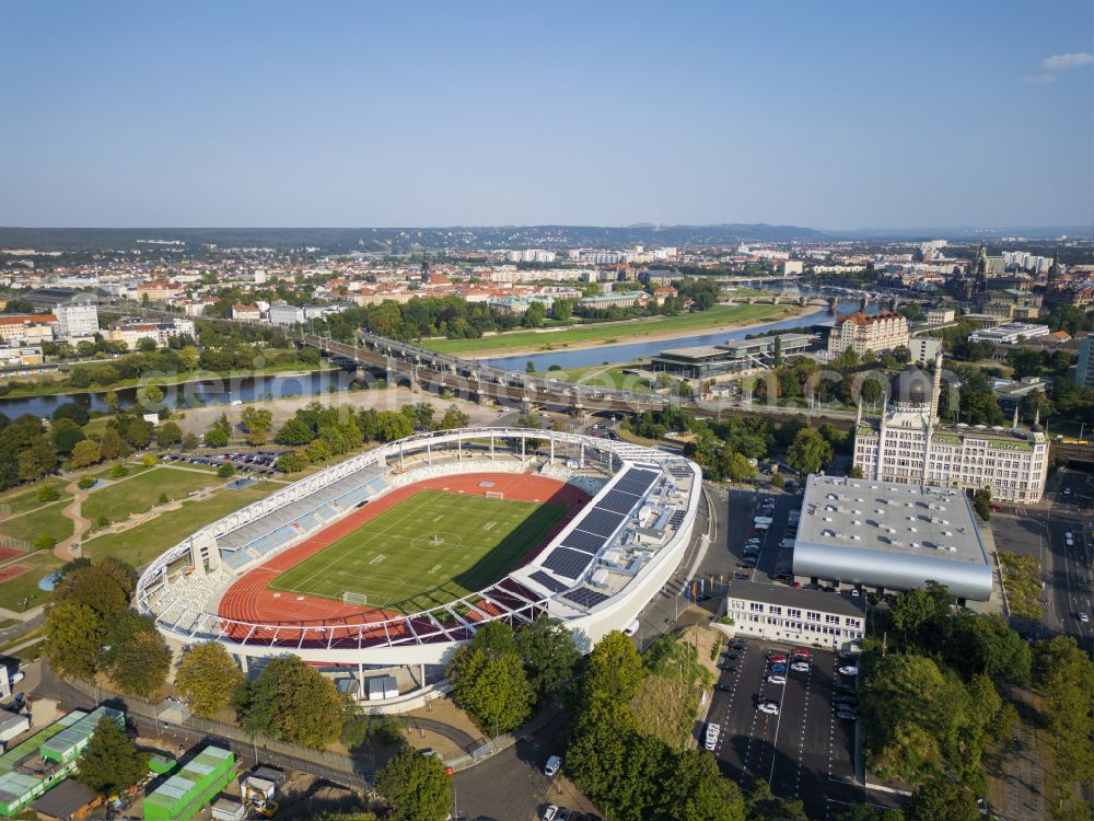 Aerial photograph Dresden - Sports facility area of the stadium Heinz-Steyer-Stadion on the street Pieschener Allee in the district of Friedrichstadt in Dresden in the federal state of Saxony, Germany