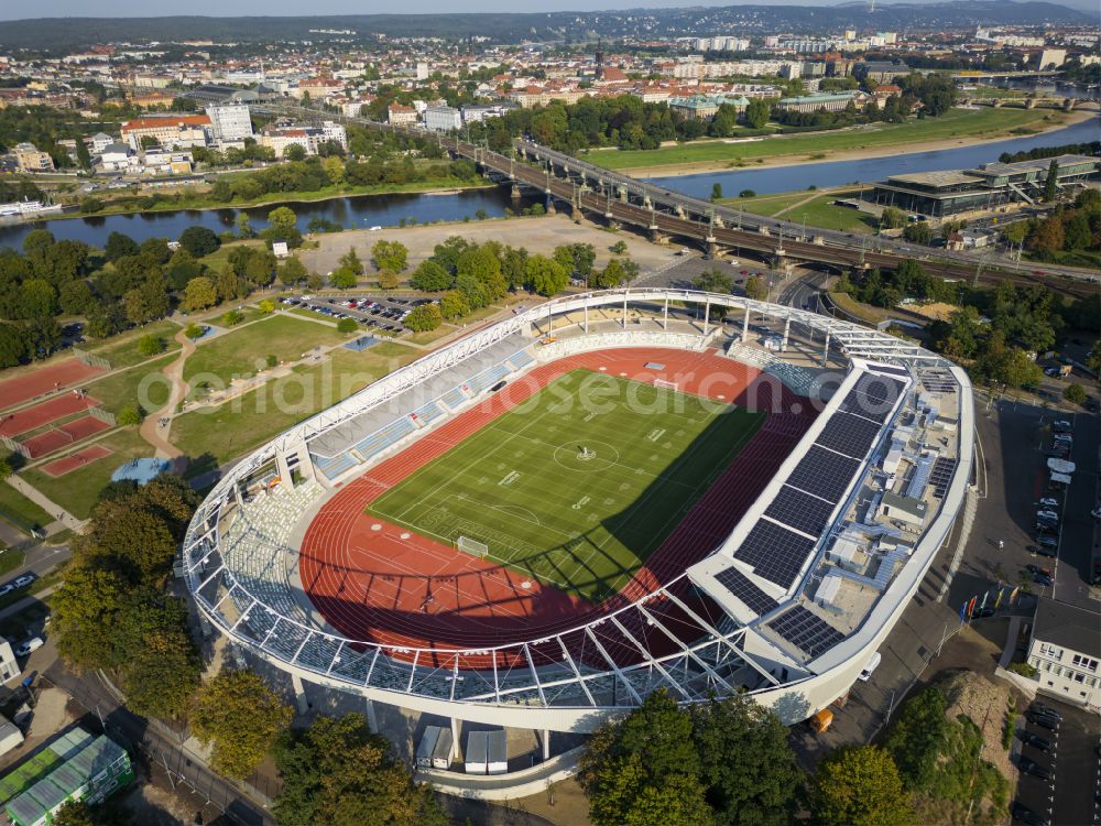 Dresden from above - Sports facility area of the stadium Heinz-Steyer-Stadion on the street Pieschener Allee in the district of Friedrichstadt in Dresden in the federal state of Saxony, Germany