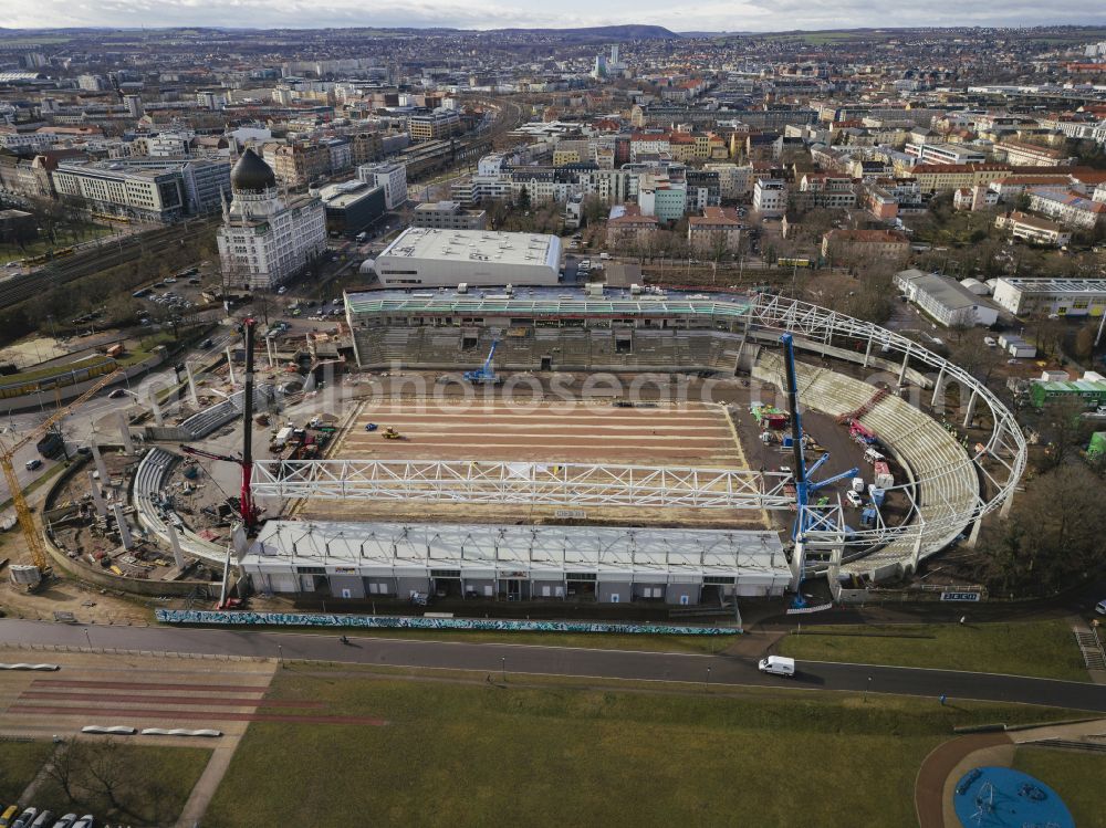 Dresden from the bird's eye view: Sports facility area of the stadium Heinz-Steyer-Stadion on the street Pieschener Allee in the district of Friedrichstadt in Dresden in the federal state of Saxony, Germany