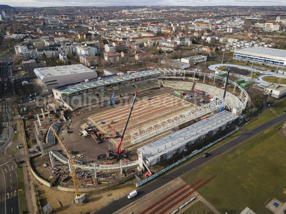 Aerial image Dresden - Sports facility area of the stadium Heinz-Steyer-Stadion on the street Pieschener Allee in the district of Friedrichstadt in Dresden in the federal state of Saxony, Germany