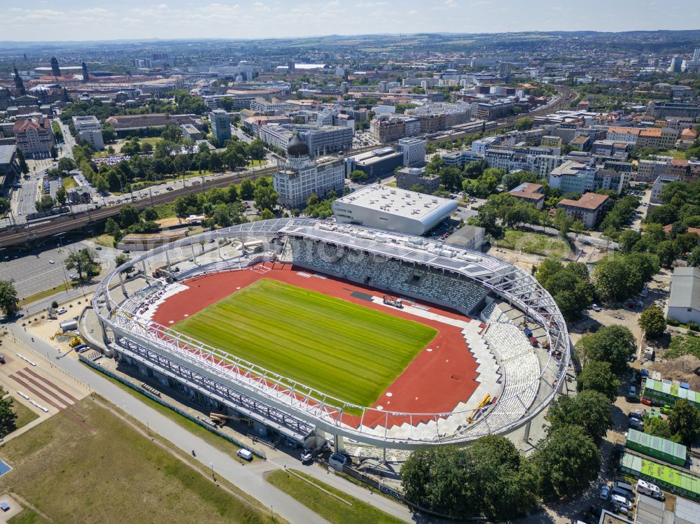 Aerial photograph Dresden - Sports facility area of the stadium Heinz-Steyer-Stadion on the street Pieschener Allee in the district of Friedrichstadt in Dresden in the federal state of Saxony, Germany